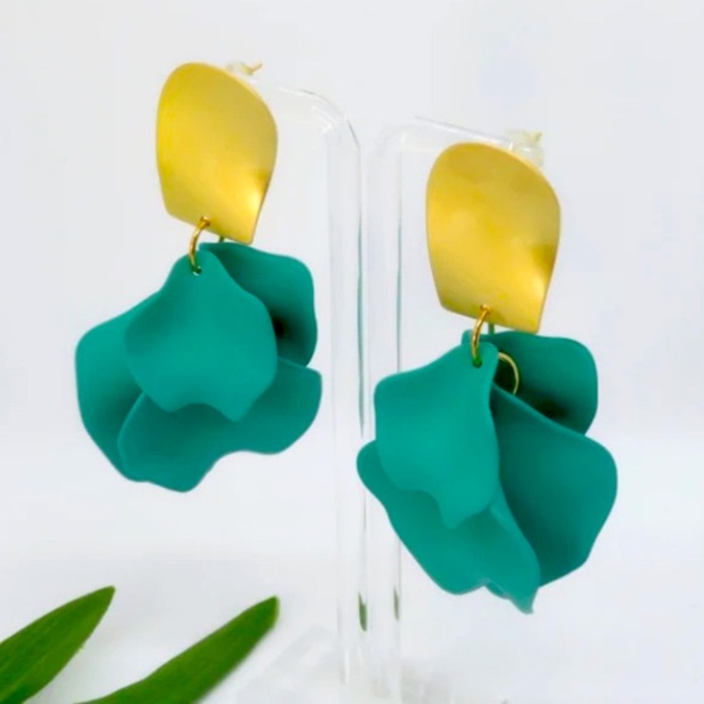 Fiorella Acrylic Petal Short Drop Earrings, Turquoise Jade and Gold with Posts